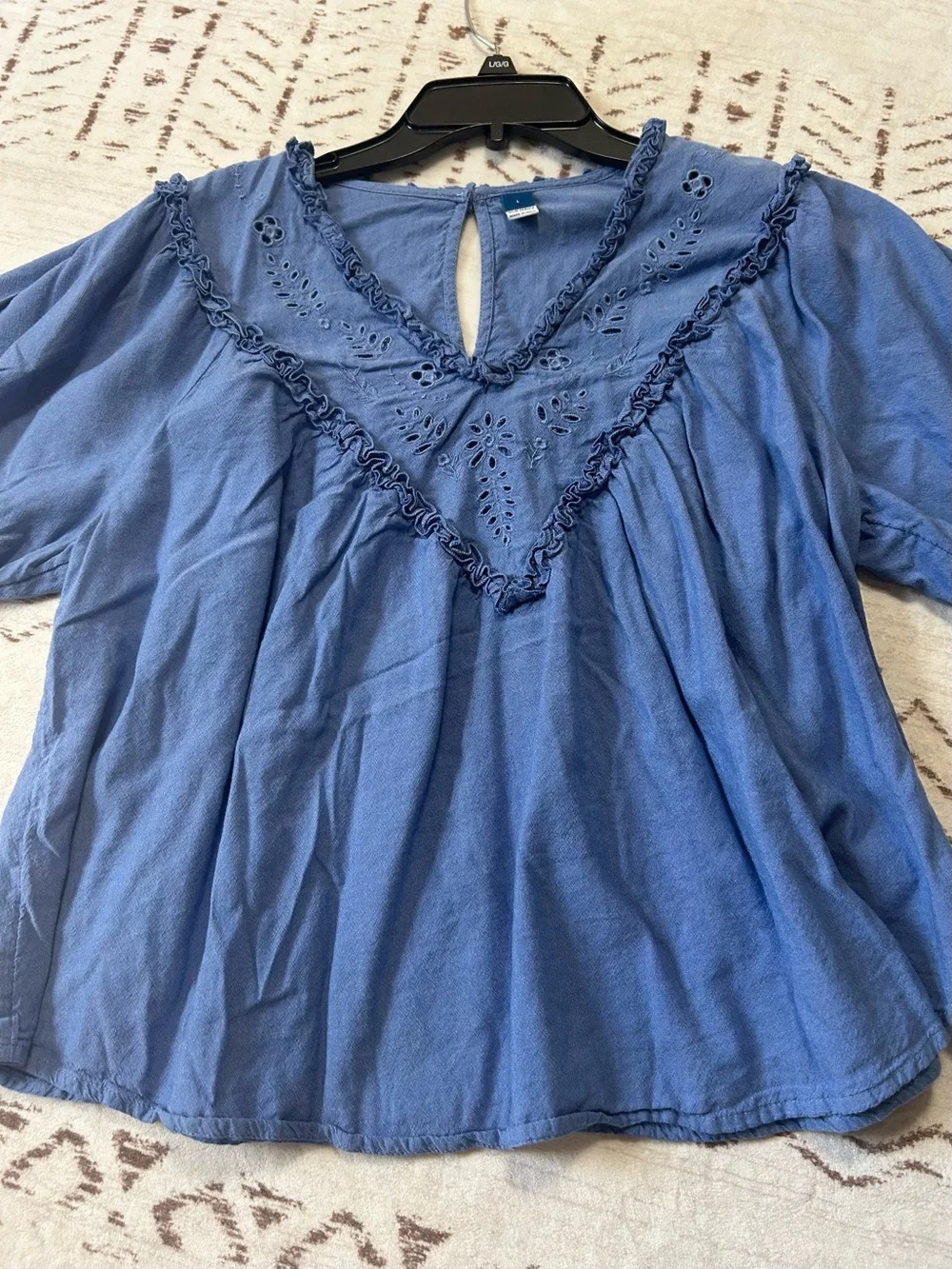 Old Navy Blue Embroidered Eyelet Boho Peasant Blouse L Boho Cottagecore